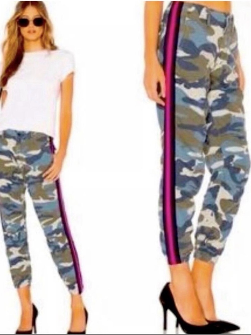 MOTHER women’s Camo Joggers with Pink & Navy Side Stripe